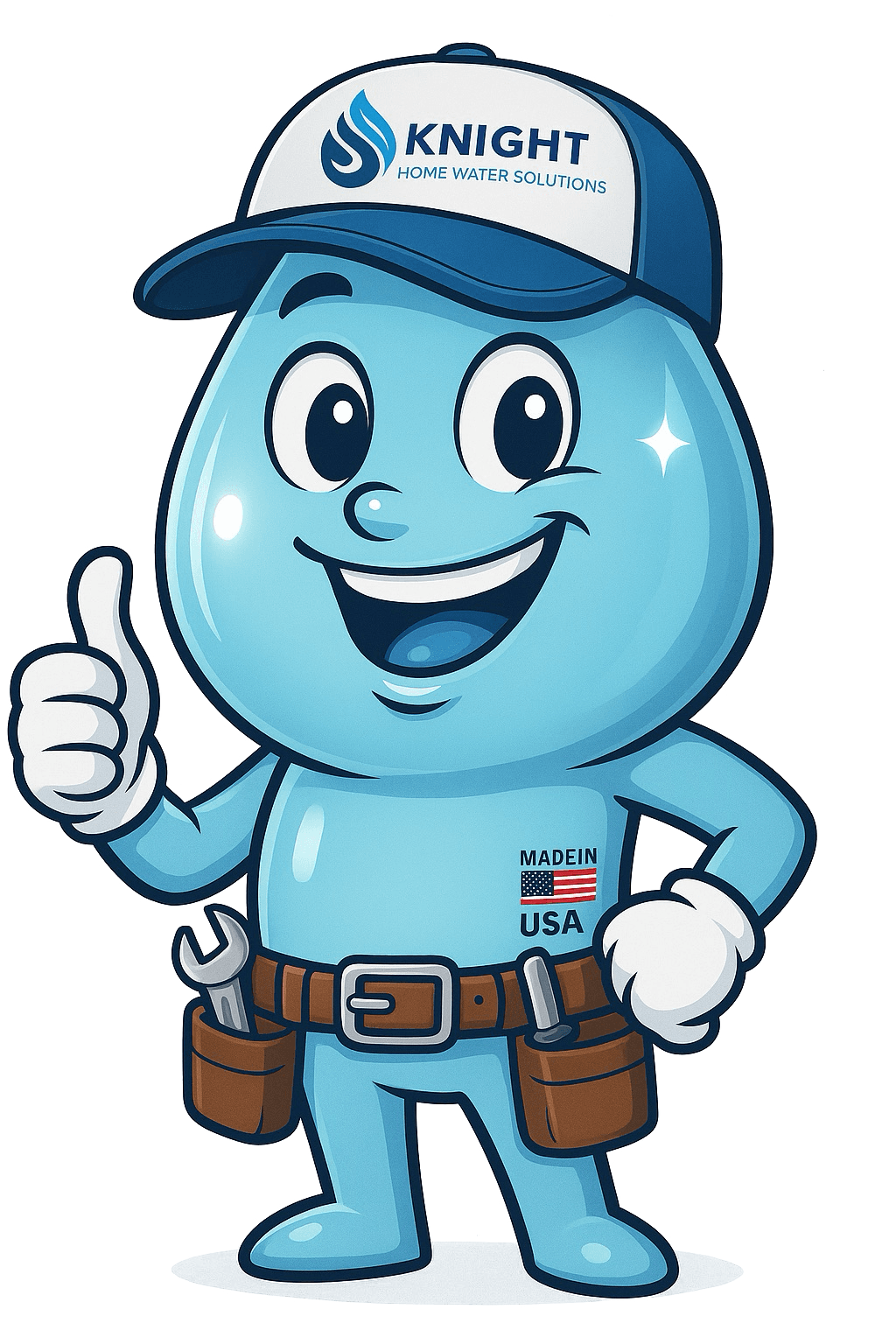 DRIP - Knight Home Water Solutions' friendly mascot, a cartoon water droplet wearing a Knight Home Water Solutions cap and tool belt.
